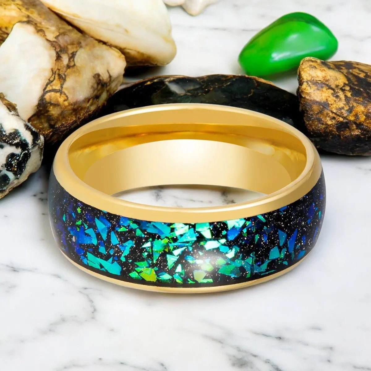 ABALUX | Gold Tungsten Ring, Abalone Shell & Green Opal Inlay, Domed