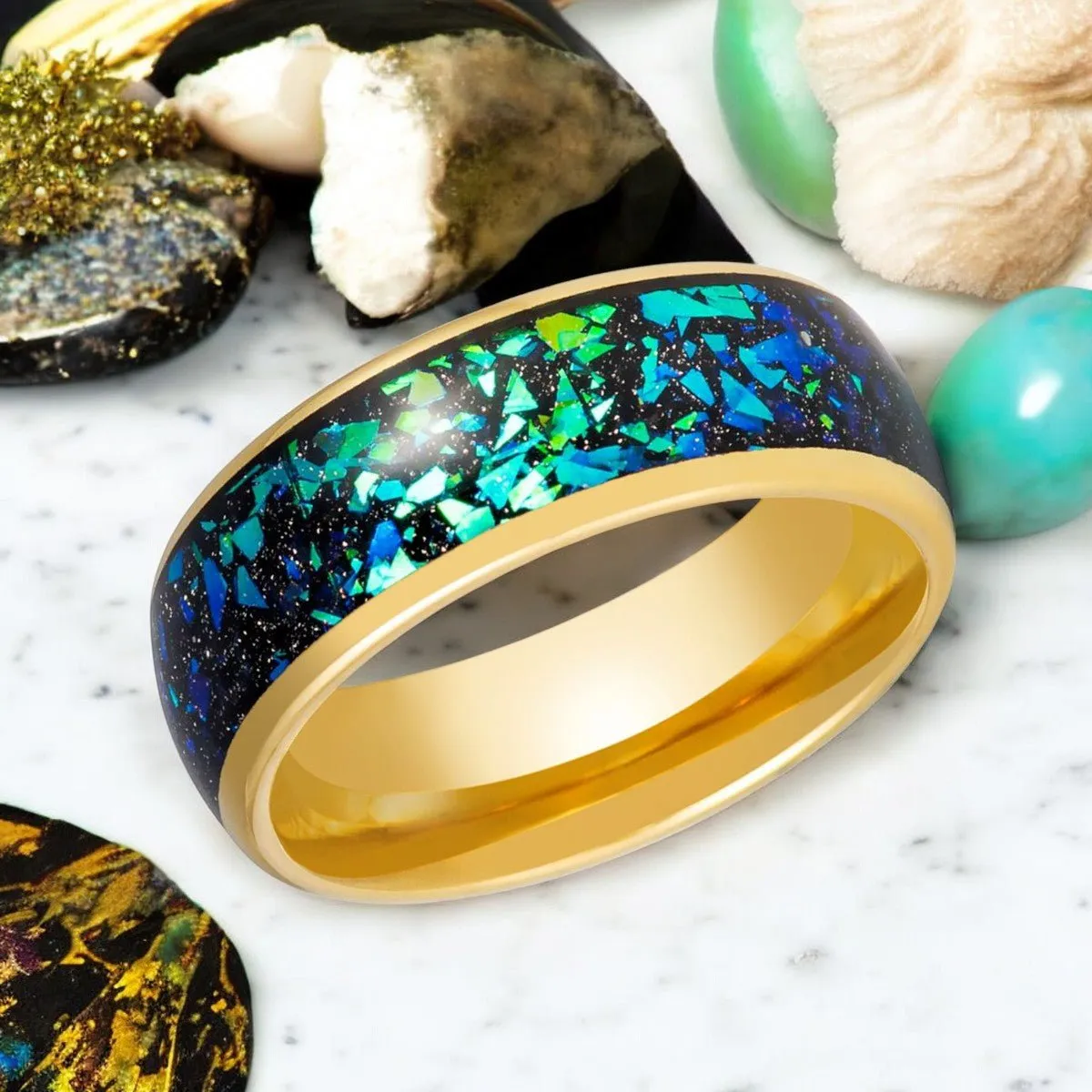 ABALUX | Gold Tungsten Ring, Abalone Shell & Green Opal Inlay, Domed
