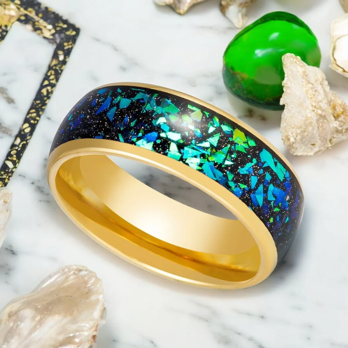 ABALUX | Gold Tungsten Ring, Abalone Shell & Green Opal Inlay, Domed