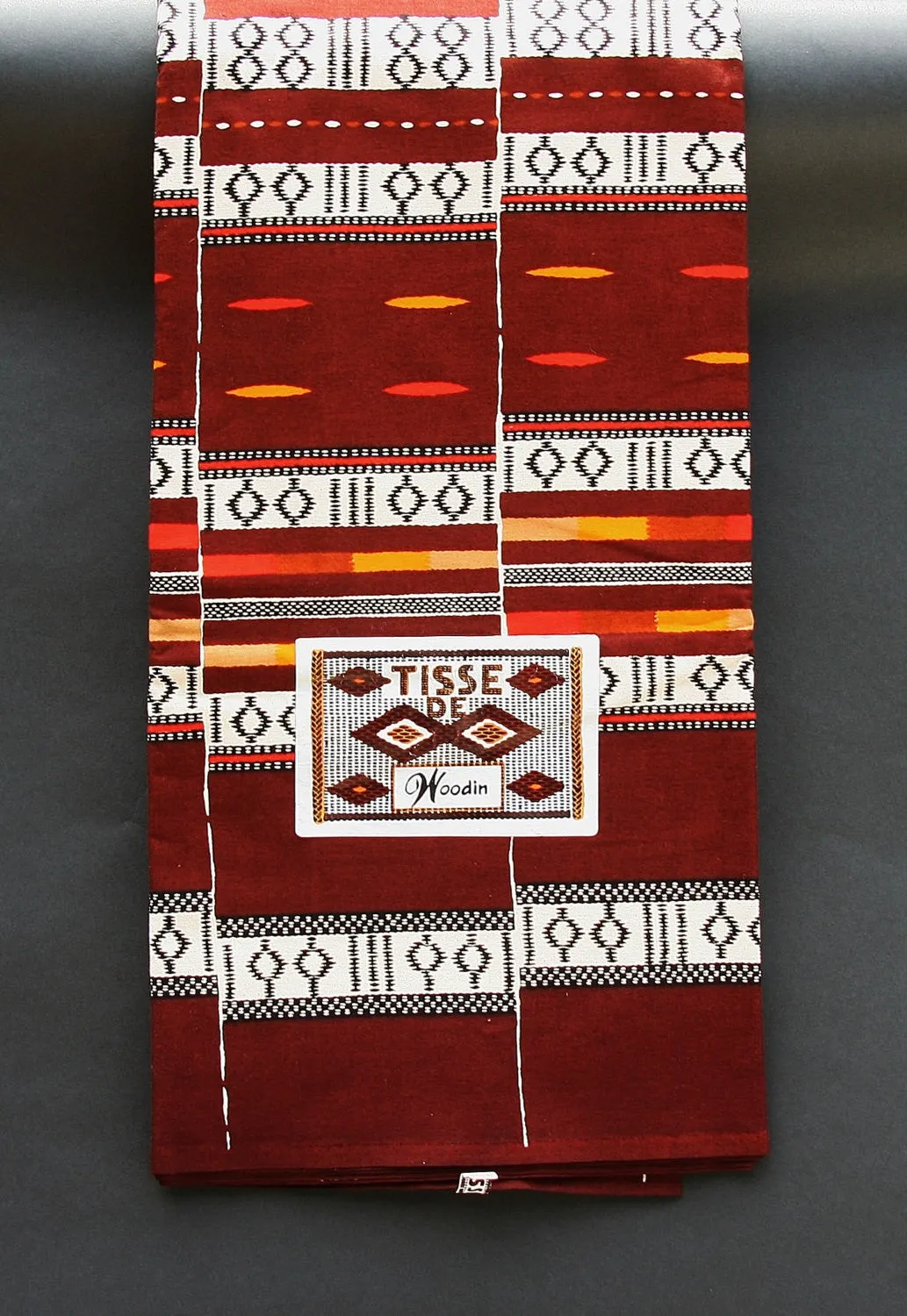 African Fabric Classic Vlisco 6 Yards Tisse De Woodin Colors Maroon, Orange, White, Black Red Yellow Geometric Patterns