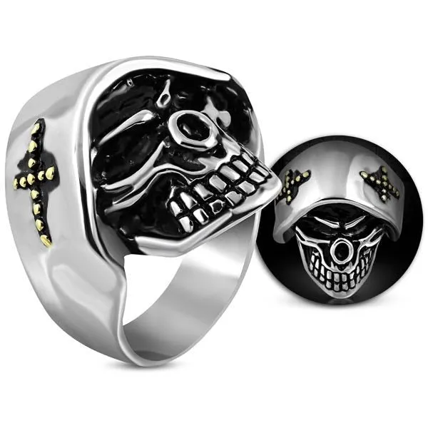 Angel of Death Skull Ring With Gold Cross on Side (#325)