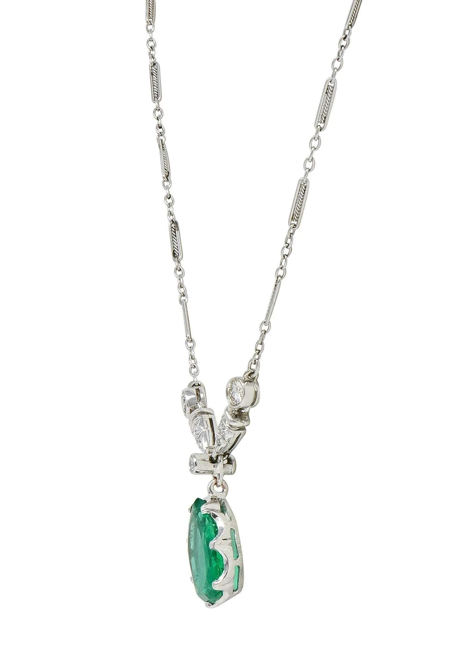 Art Deco Colombian Emerald Diamond Platinum 18 Karat Gold Vintage Drop Necklace AGL