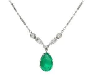 Art Deco Colombian Emerald Diamond Platinum 18 Karat Gold Vintage Drop Necklace AGL