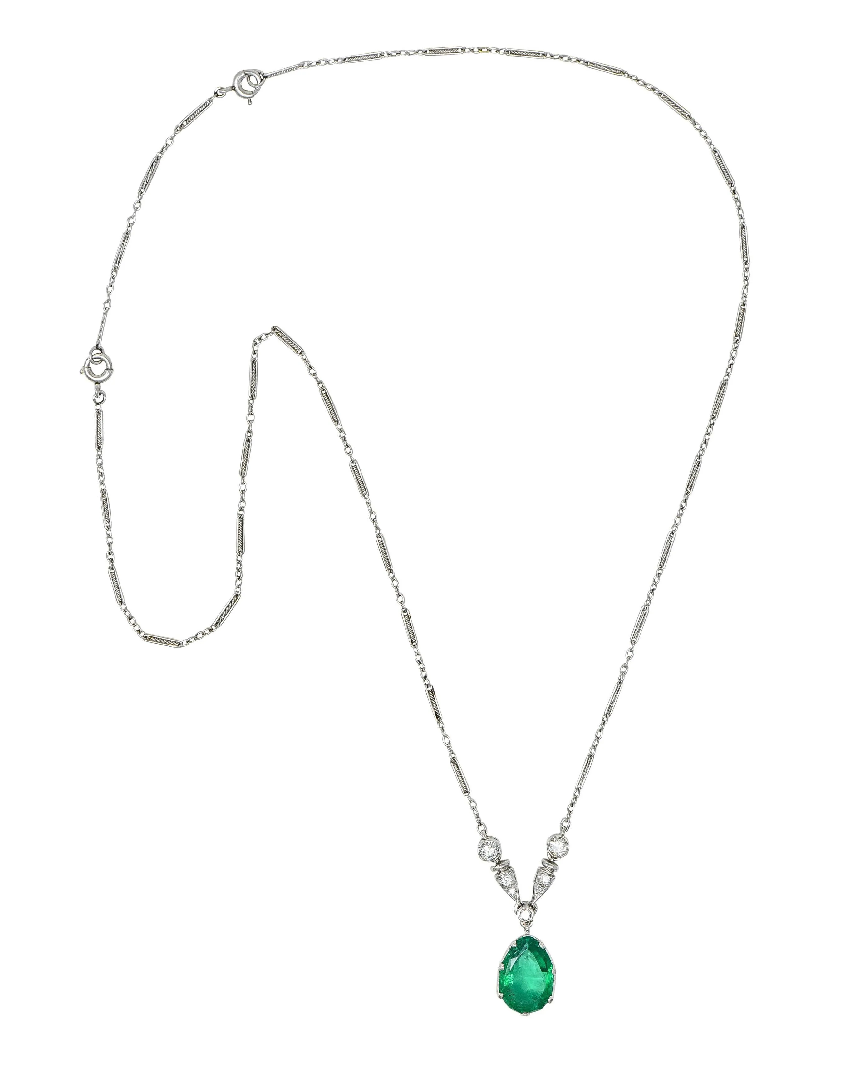 Art Deco Colombian Emerald Diamond Platinum 18 Karat Gold Vintage Drop Necklace AGL