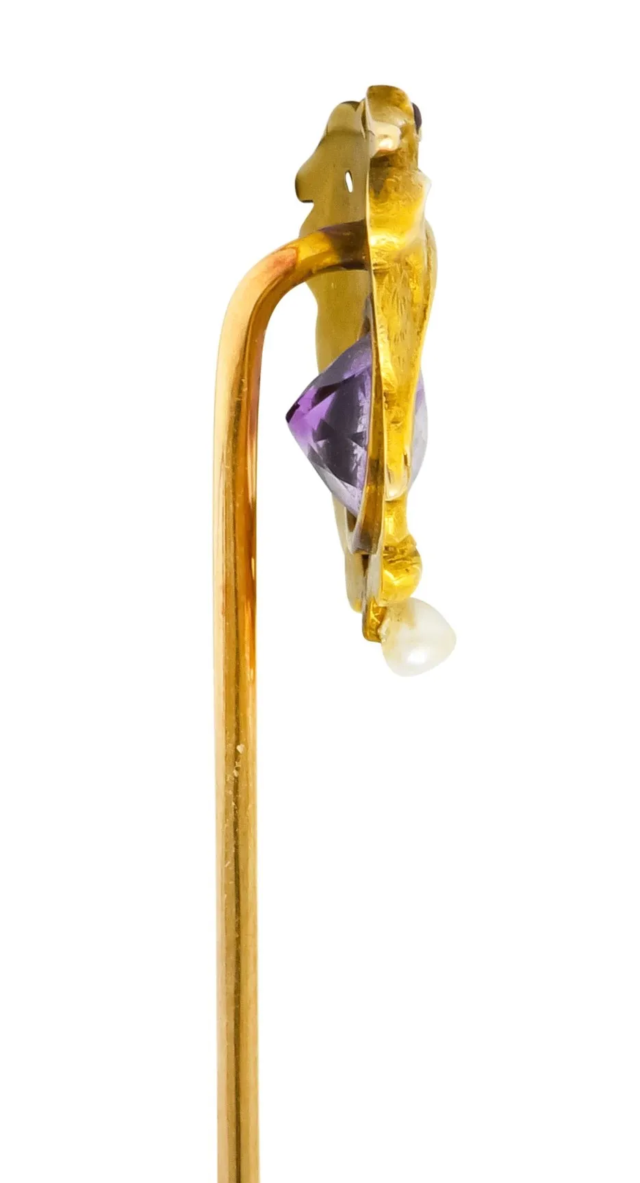 Art Nouveau 0.65 CTW Amethyst Natural Freshwater Pearl 14 Karat Gold Pterodactyl Stickpin