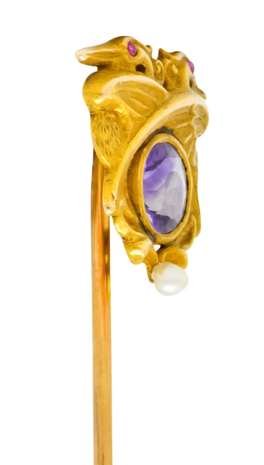 Art Nouveau 0.65 CTW Amethyst Natural Freshwater Pearl 14 Karat Gold Pterodactyl Stickpin
