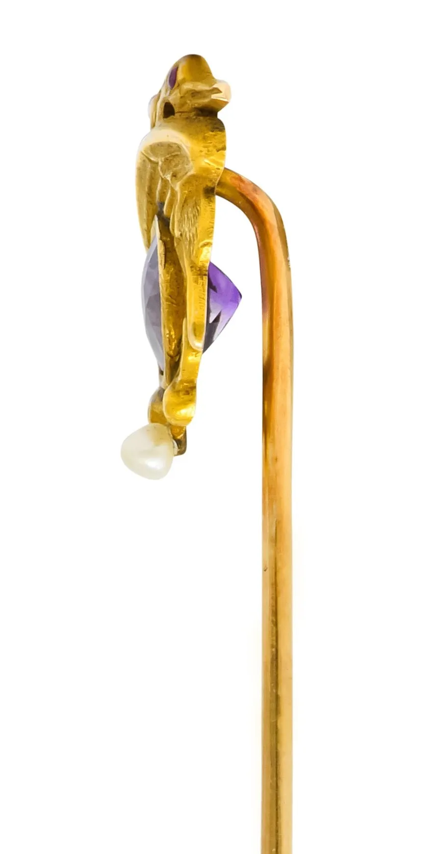 Art Nouveau 0.65 CTW Amethyst Natural Freshwater Pearl 14 Karat Gold Pterodactyl Stickpin