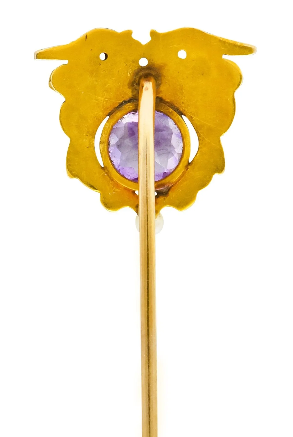Art Nouveau 0.65 CTW Amethyst Natural Freshwater Pearl 14 Karat Gold Pterodactyl Stickpin