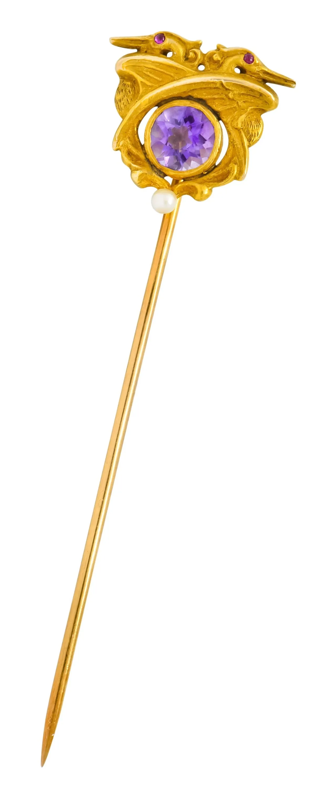 Art Nouveau 0.65 CTW Amethyst Natural Freshwater Pearl 14 Karat Gold Pterodactyl Stickpin