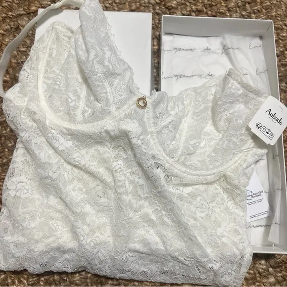 Aubade Paris Rosessence Care Bodysuit Luxury Lingerie Lace White Opal 38E $160