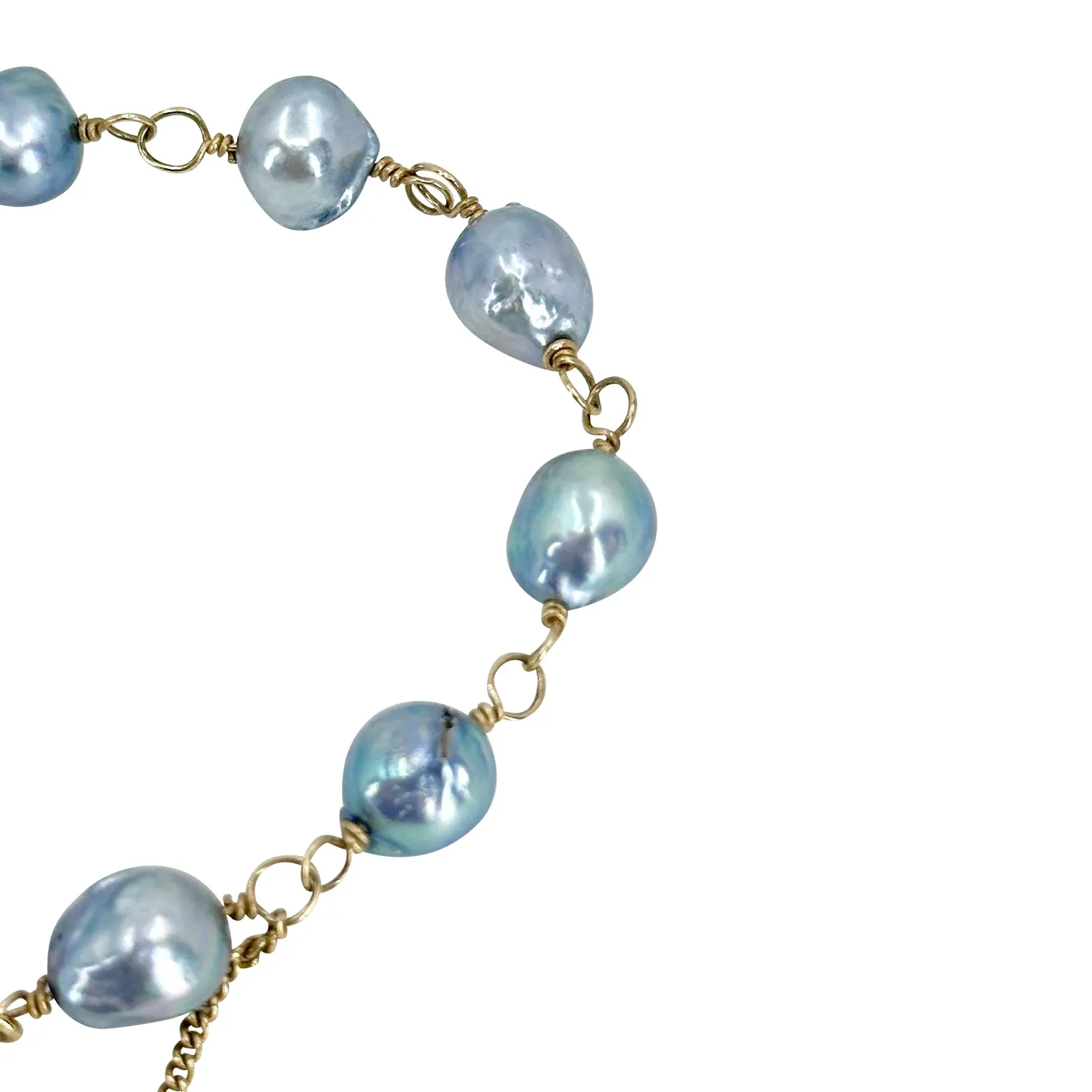 Baroque Blue Vintage Japanese Saltwater Akoya Cultured Pearl Mid-Century Station Bracelet- 10K Yellow Gold