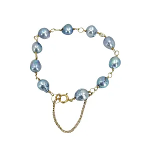 Baroque Blue Vintage Japanese Saltwater Akoya Cultured Pearl Mid-Century Station Bracelet- 10K Yellow Gold