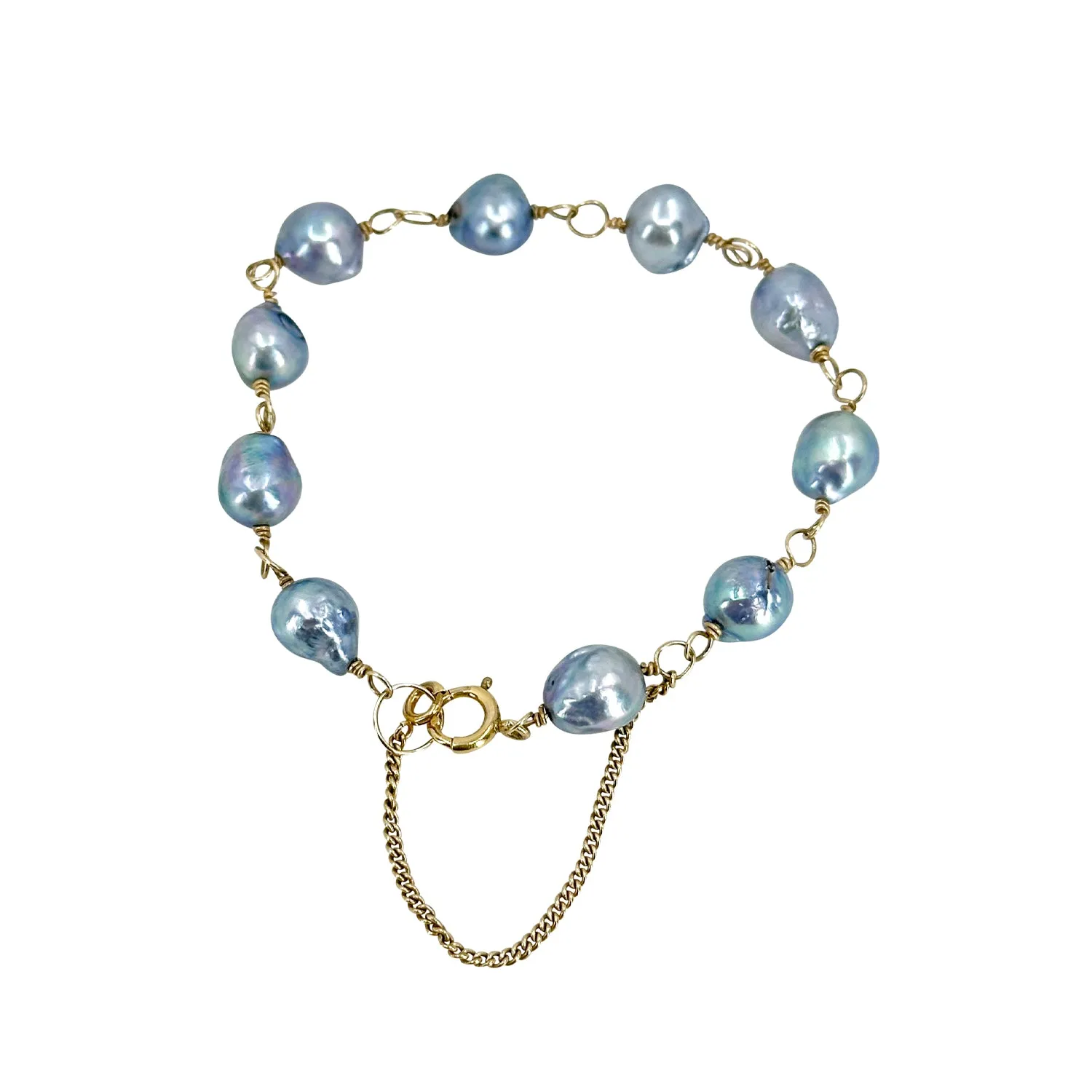 Baroque Blue Vintage Japanese Saltwater Akoya Cultured Pearl Mid-Century Station Bracelet- 10K Yellow Gold