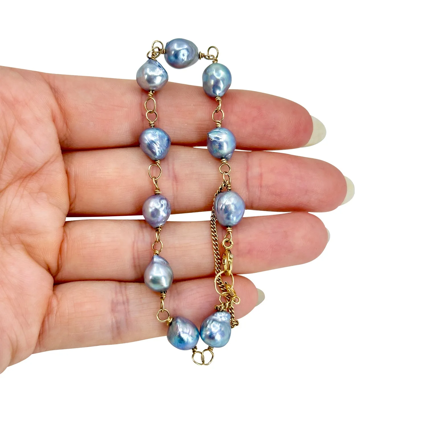 Baroque Blue Vintage Japanese Saltwater Akoya Cultured Pearl Mid-Century Station Bracelet- 10K Yellow Gold