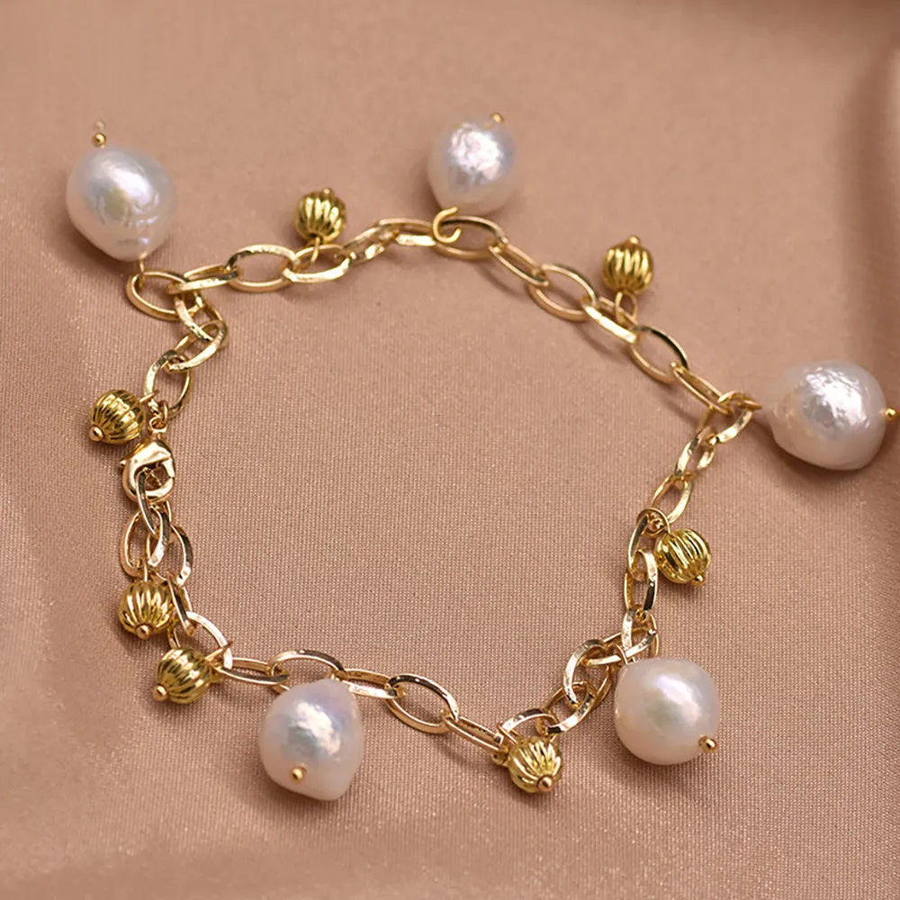 Baroque Natural Freshwater Pearl Bracelet 18K Gold Plated Women Fashion Jewelry