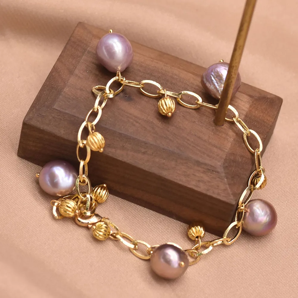 Baroque Natural Freshwater Pearl Bracelet 18K Gold Plated Women Fashion Jewelry