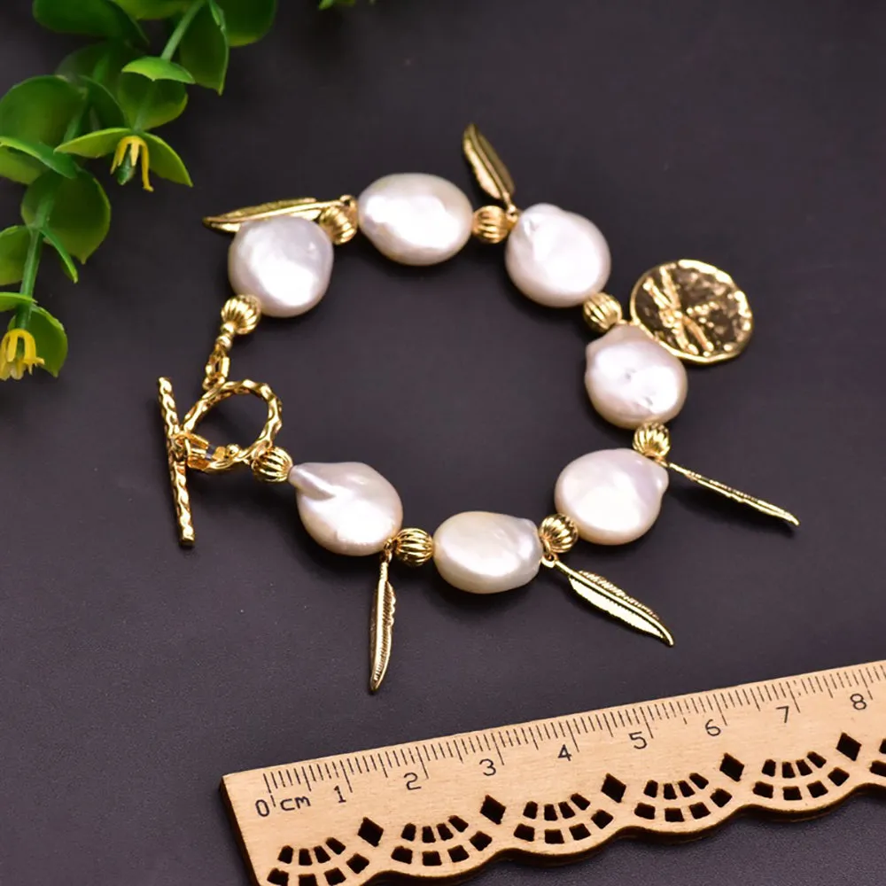 Baroque Natural Freshwater Pearl Bracelet Leaf Dragonfly Women Fashion Jewelry