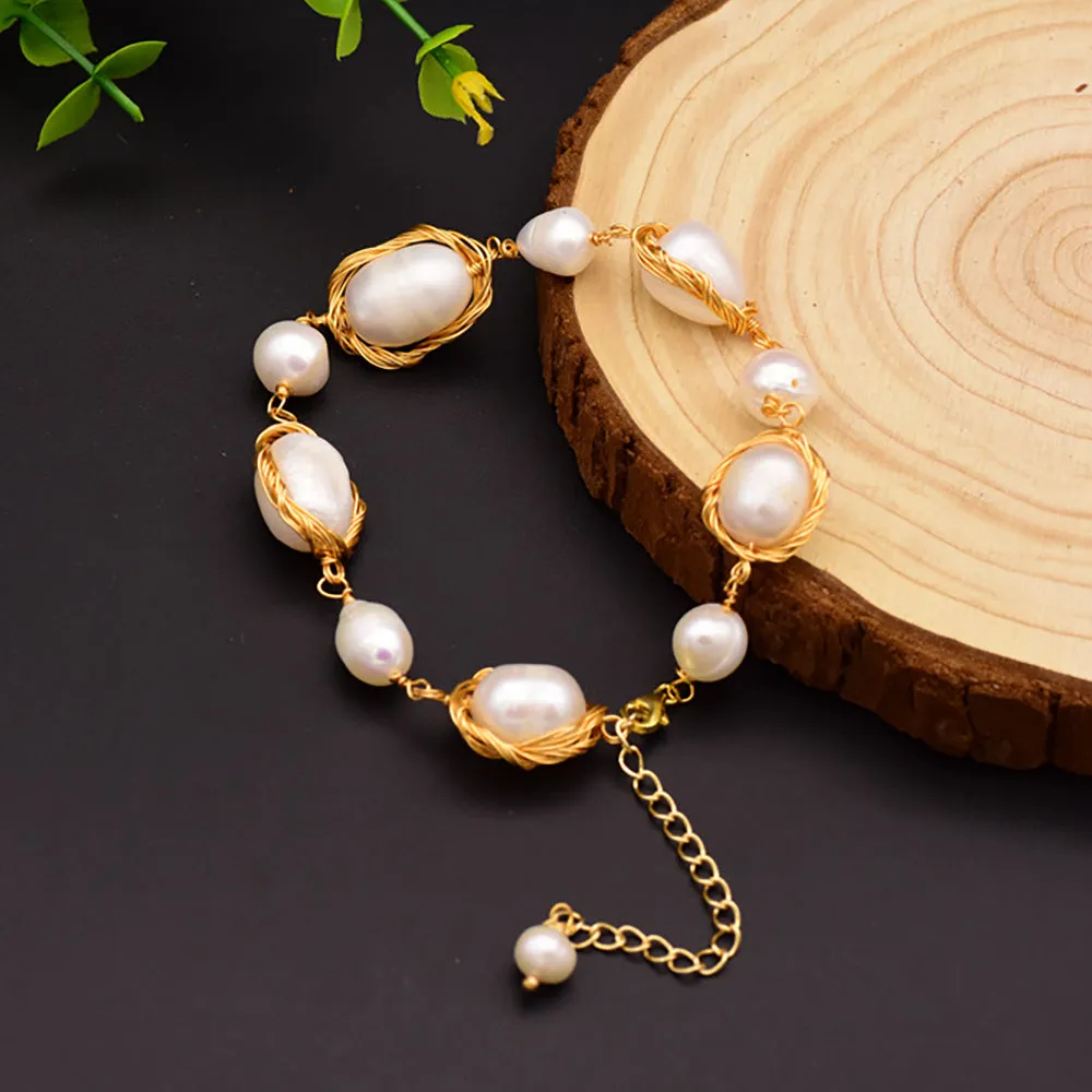 Baroque Natural Freshwater Pearl Braided Bracelet Women Fashion Nice Jewelry