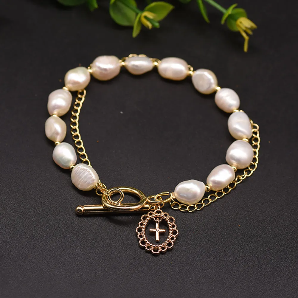 Baroque Natural Freshwater Pearl Double Chain Bracelet Woman Fashion Jewelry