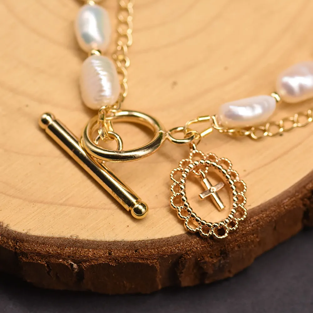 Baroque Natural Freshwater Pearl Double Chain Bracelet Woman Fashion Jewelry