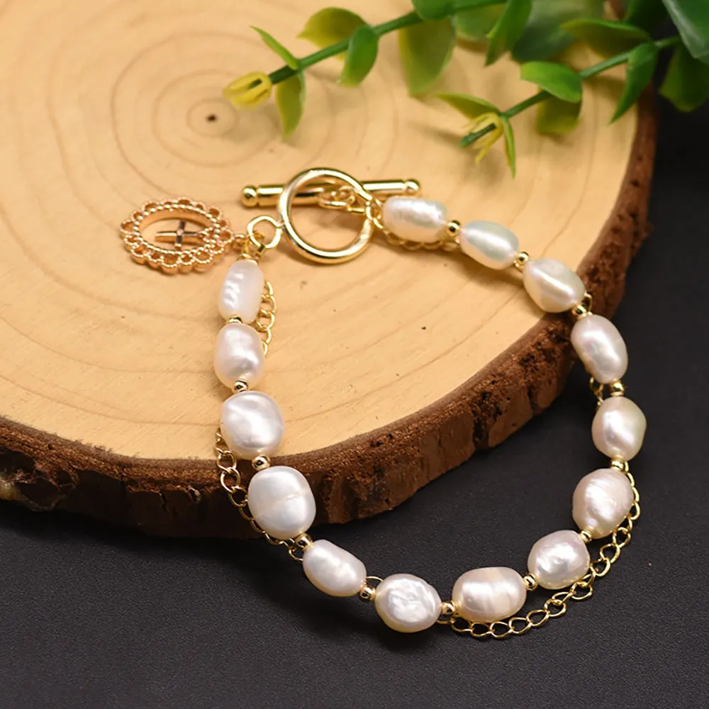Baroque Natural Freshwater Pearl Double Chain Bracelet Woman Fashion Jewelry