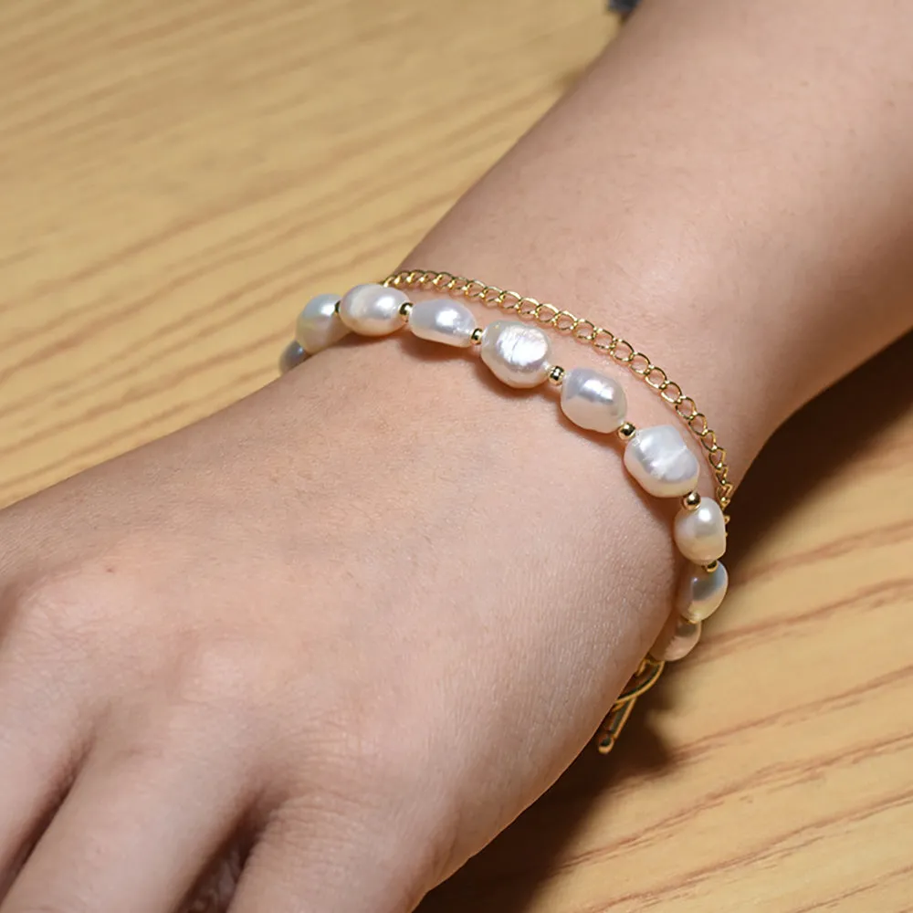 Baroque Natural Freshwater Pearl Double Chain Bracelet Woman Fashion Jewelry