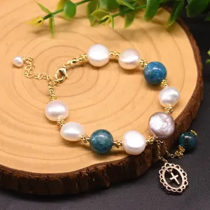 Baroque Natural Freshwater Pearl Kyanite Bracelet Cross Women Fashion Jewelry