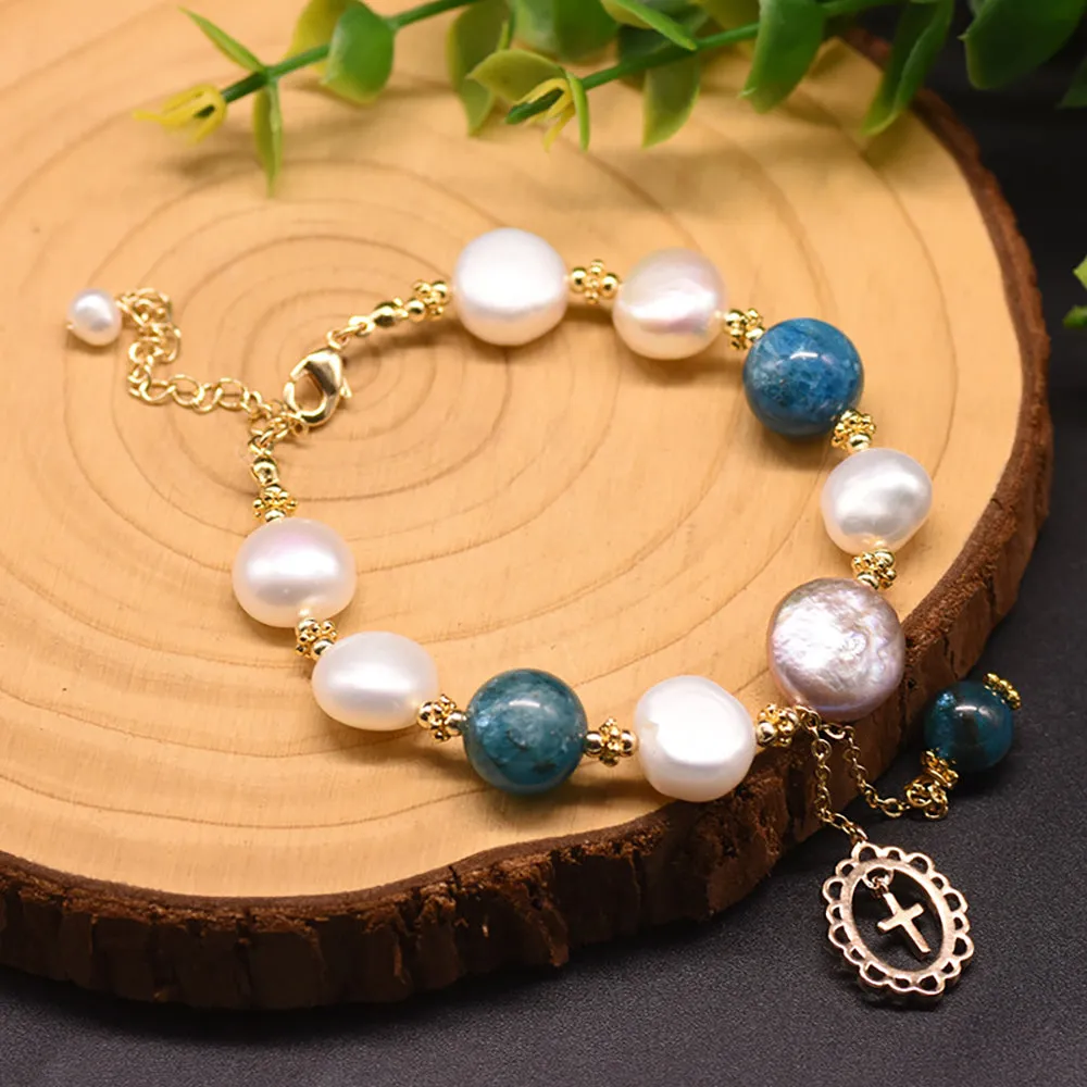 Baroque Natural Freshwater Pearl Kyanite Bracelet Cross Women Fashion Jewelry