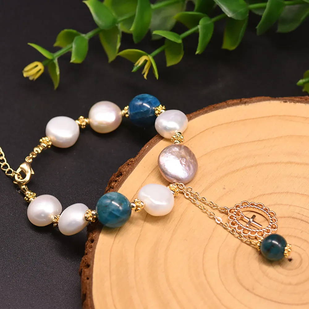 Baroque Natural Freshwater Pearl Kyanite Bracelet Cross Women Fashion Jewelry