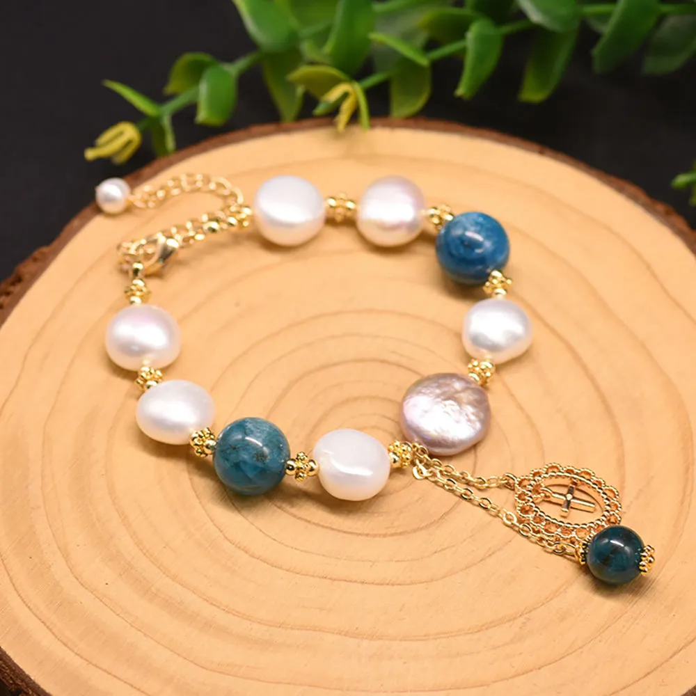 Baroque Natural Freshwater Pearl Kyanite Bracelet Cross Women Fashion Jewelry