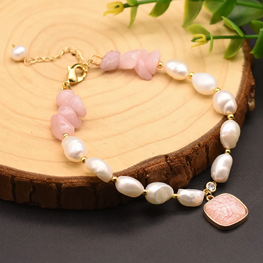 Baroque Natural Freshwater Pearl Rose Quartz Bracelet Women Fashion Jewelry
