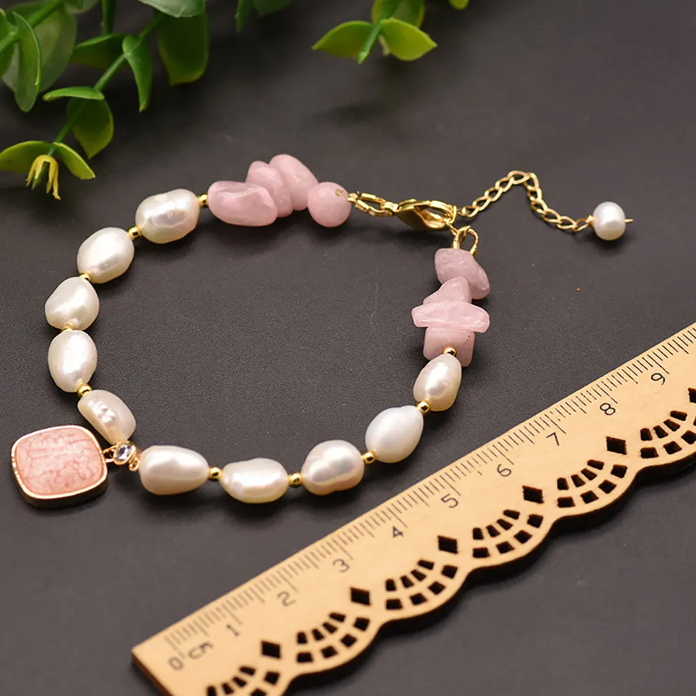 Baroque Natural Freshwater Pearl Rose Quartz Bracelet Women Fashion Jewelry