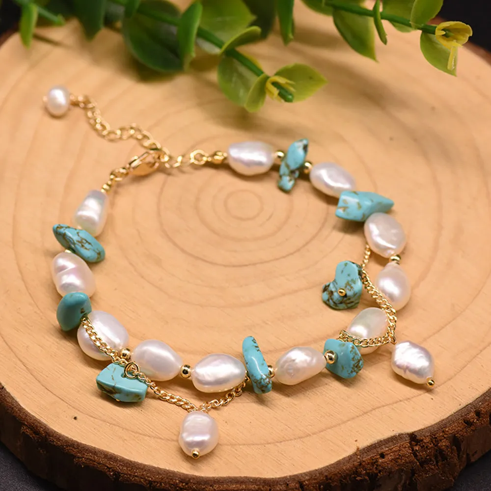 Baroque Natural Freshwater Pearl Turquoise Bracelet Women Fashion Jewelry Gift