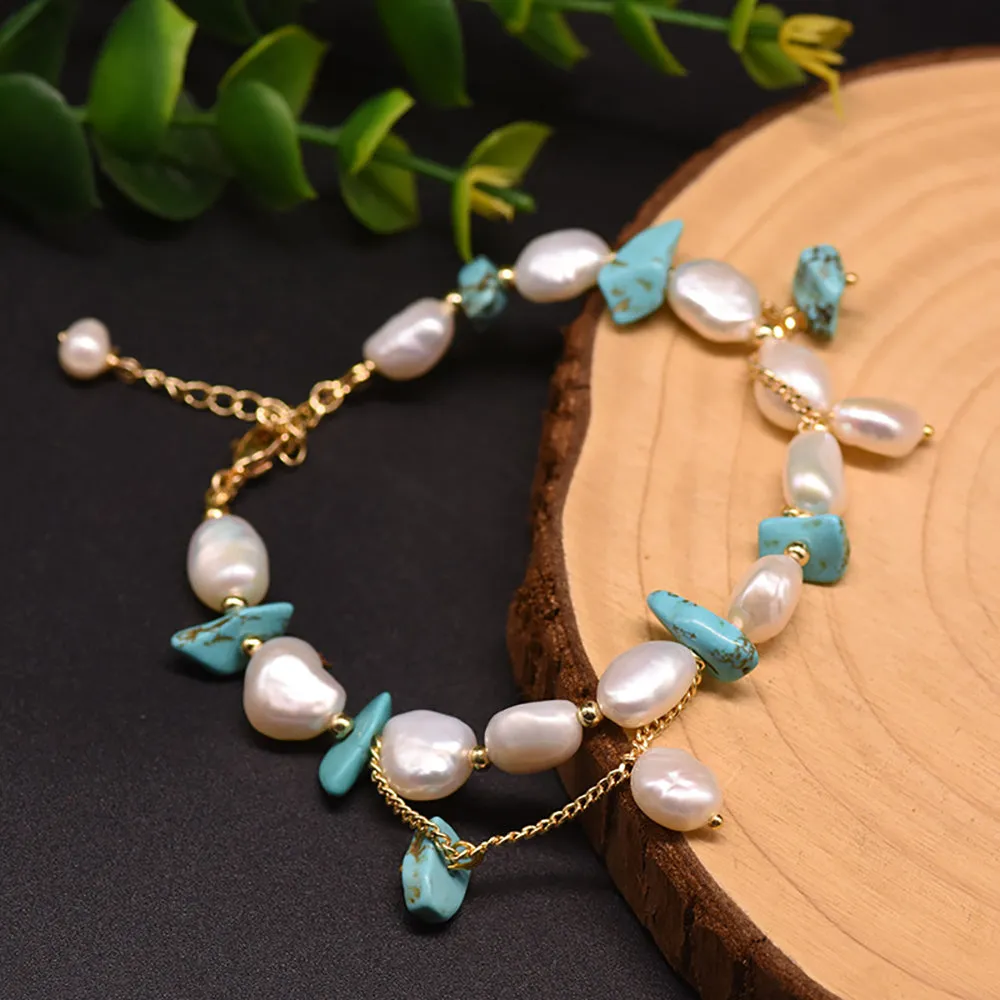 Baroque Natural Freshwater Pearl Turquoise Bracelet Women Fashion Jewelry Gift