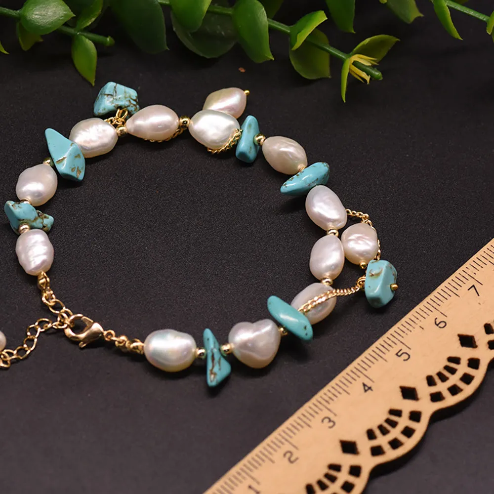 Baroque Natural Freshwater Pearl Turquoise Bracelet Women Fashion Jewelry Gift