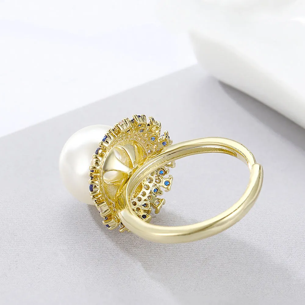 Beautiful 12mm Pearl Love & Hearts Ring Women Fashion Jewelry Adjustable