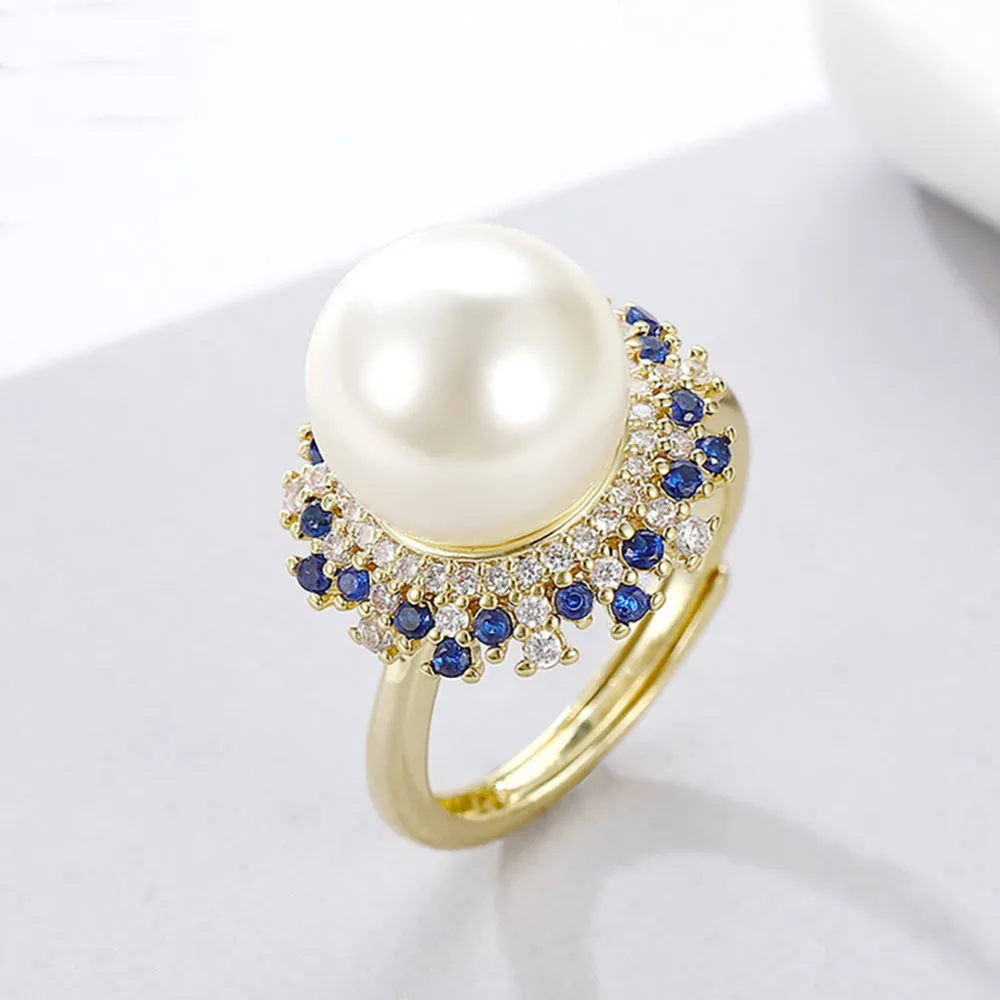 Beautiful 12mm Pearl Love & Hearts Ring Women Fashion Jewelry Adjustable