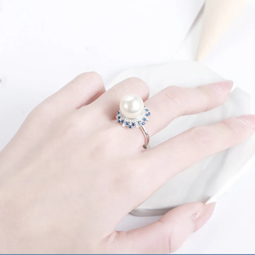Beautiful 12mm Pearl Love & Hearts Ring Women Fashion Jewelry Adjustable