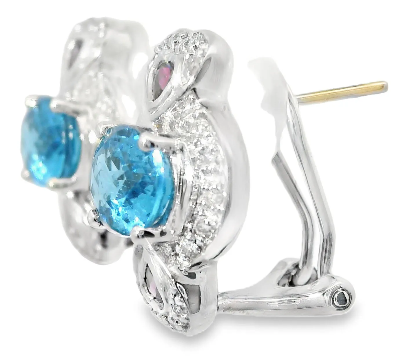 Beautiful Estate 14K White Gold Blue Topaz Garnet Diamond Heart Earrings