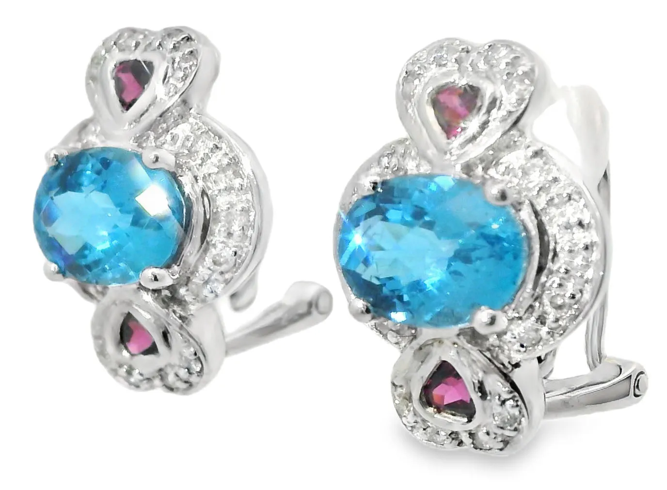 Beautiful Estate 14K White Gold Blue Topaz Garnet Diamond Heart Earrings