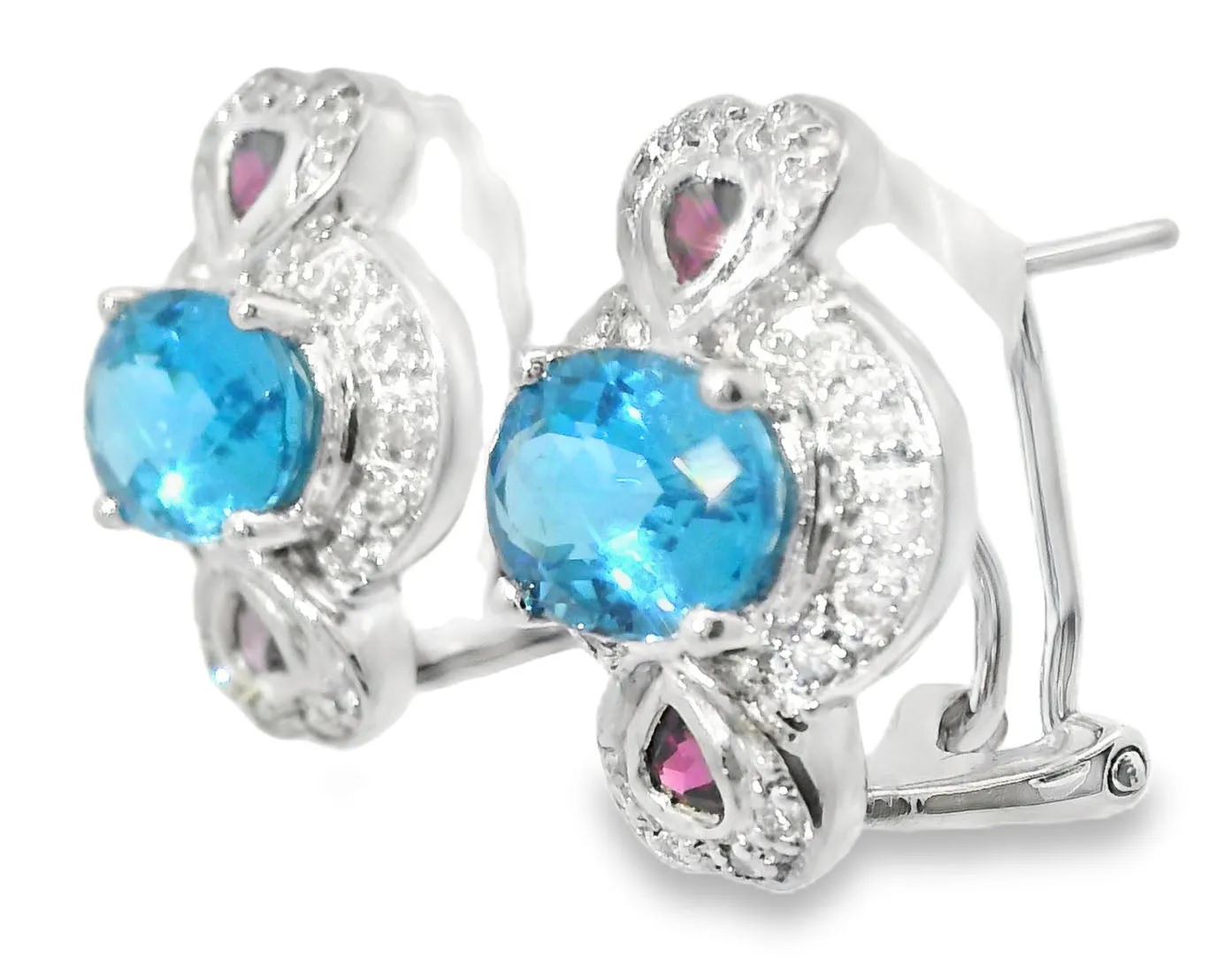 Beautiful Estate 14K White Gold Blue Topaz Garnet Diamond Heart Earrings