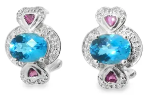 Beautiful Estate 14K White Gold Blue Topaz Garnet Diamond Heart Earrings