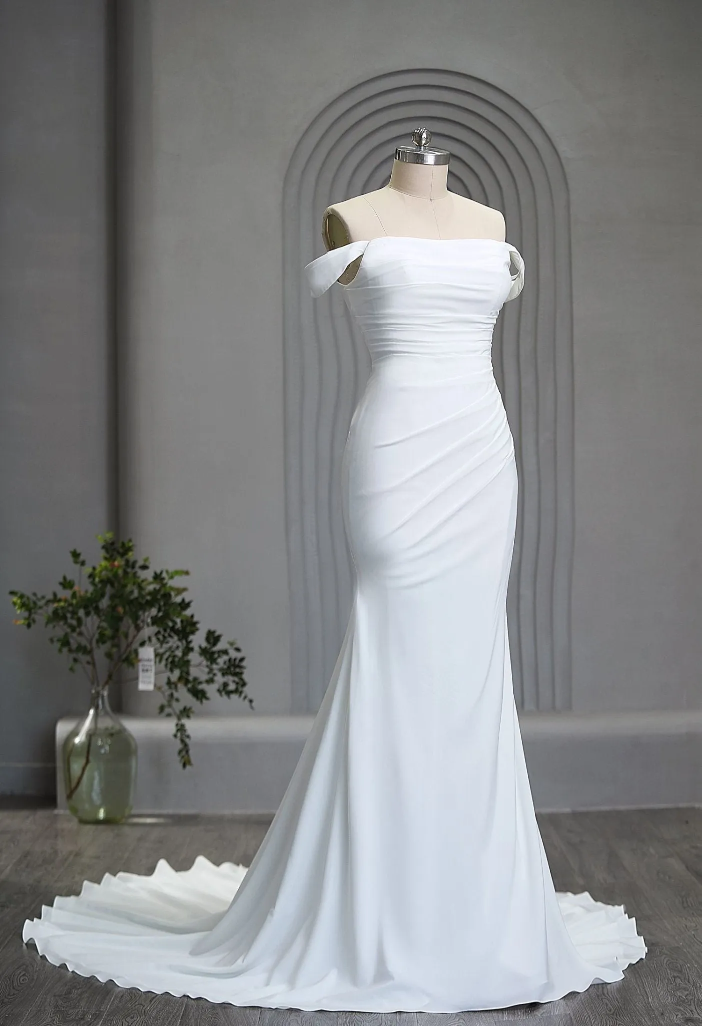 Bindi Crepe Ivory wedding dress with side ruching s10 Express NZ wide