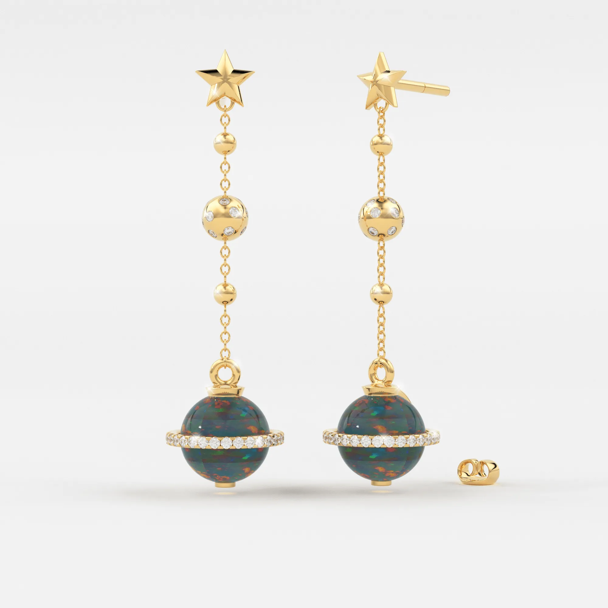 Black Opal Planet Earrings / Opal Drop Earrings / Saturn Diamond Earrings / Natural Opal Dangle Earrings / Luxury Jewelry