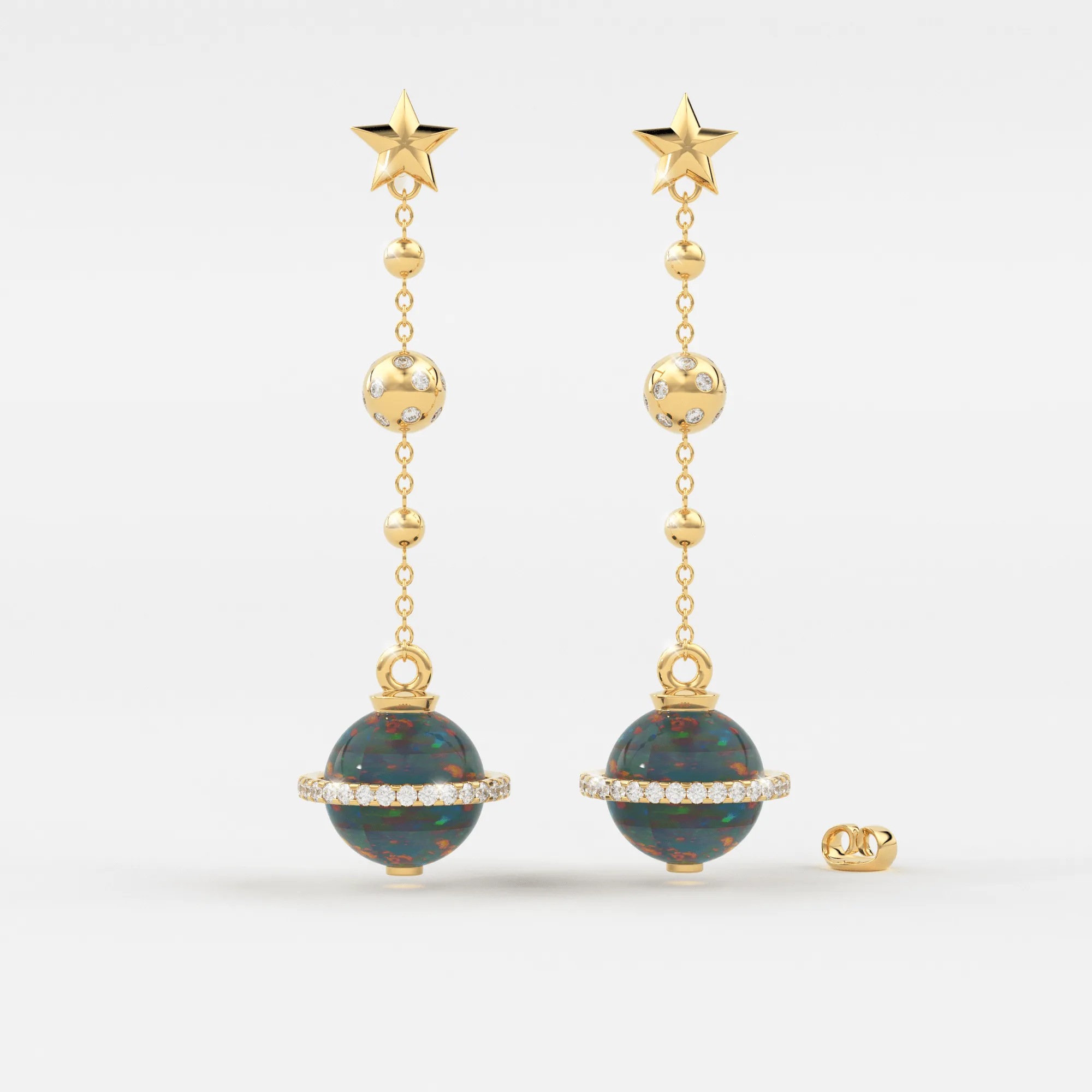Black Opal Planet Earrings / Opal Drop Earrings / Saturn Diamond Earrings / Natural Opal Dangle Earrings / Luxury Jewelry
