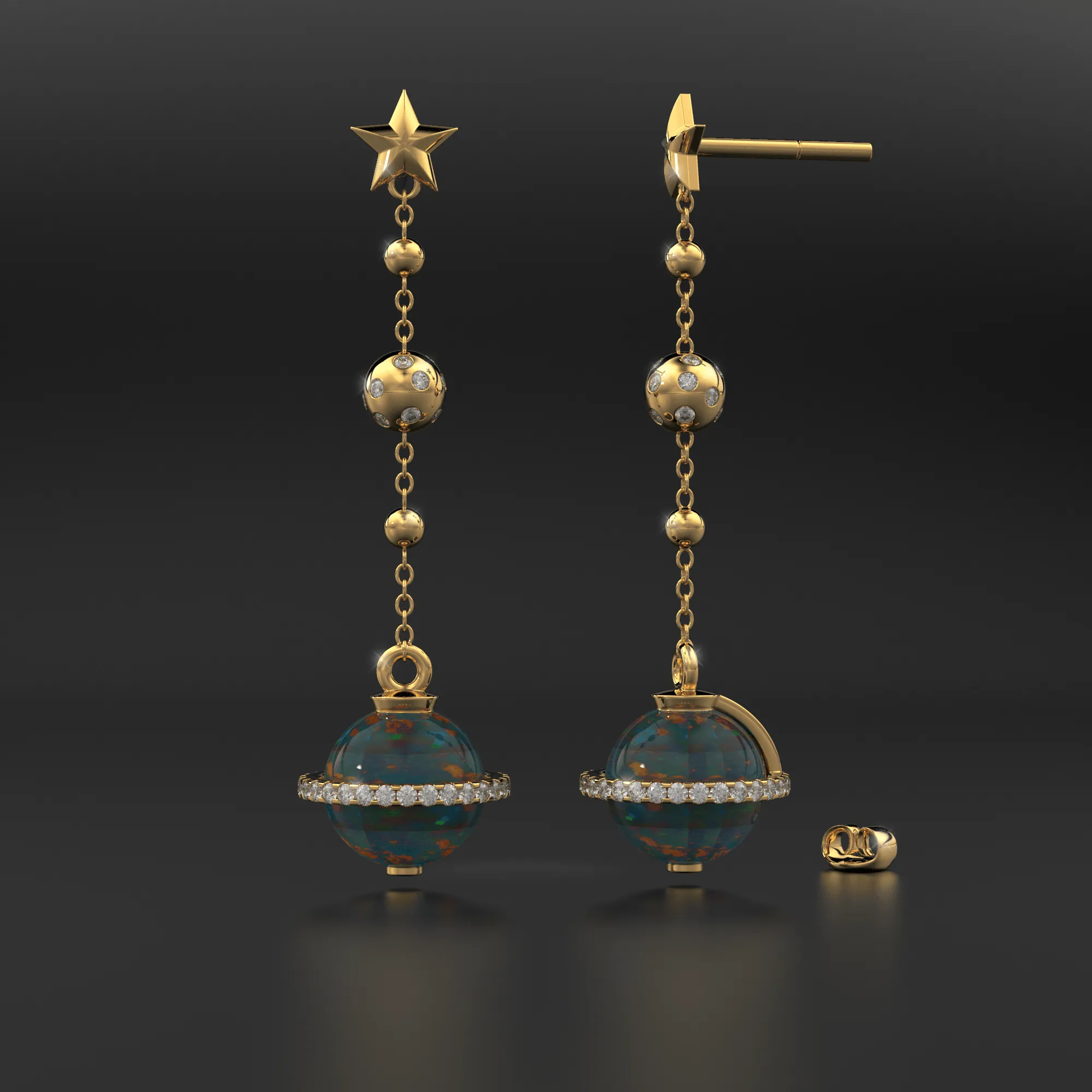 Black Opal Planet Earrings / Opal Drop Earrings / Saturn Diamond Earrings / Natural Opal Dangle Earrings / Luxury Jewelry