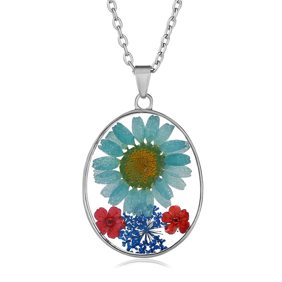 Blue & Red Pressed Flower Oval Pendant Necklace