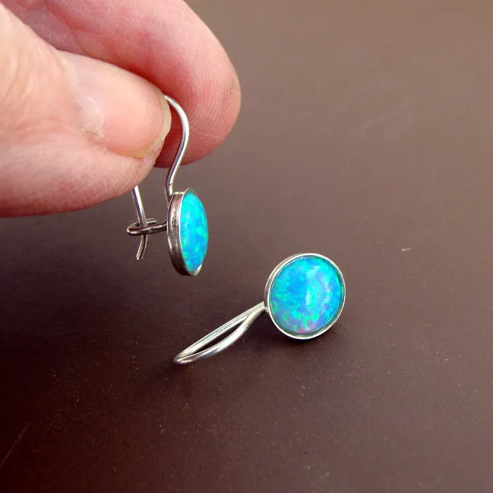 Blue opal earrings 925 sterling silver 8mm handmade classy Hadar Designers (h)