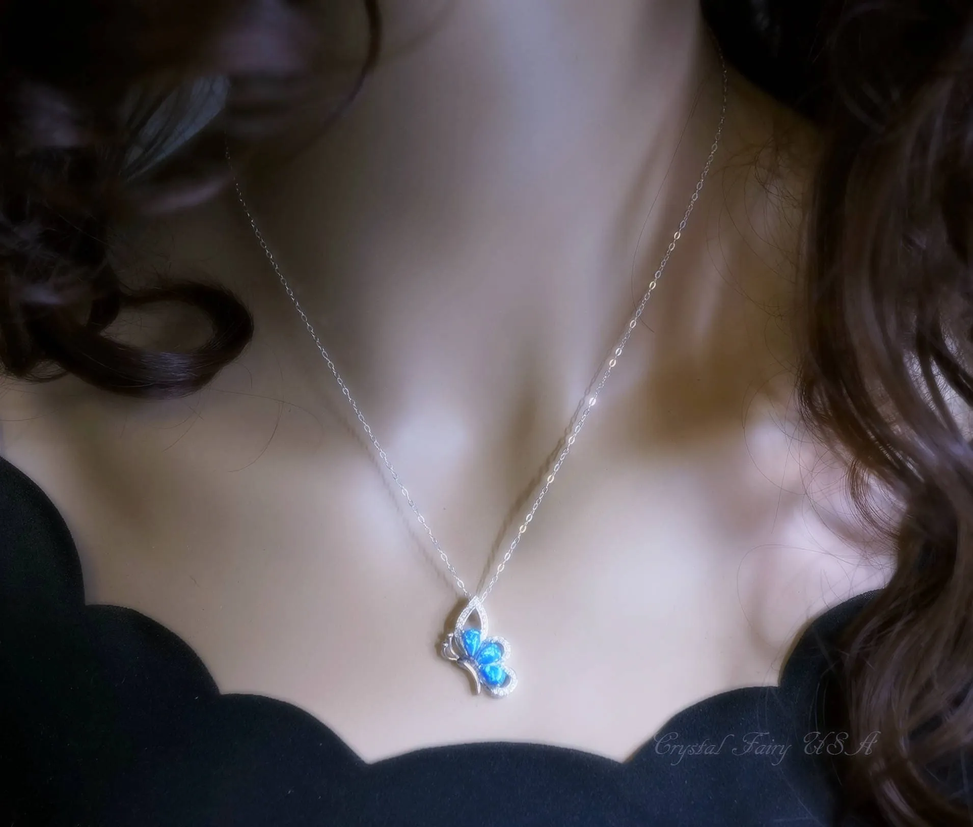 Blue Opal Necklace -  Diamond Butterfly Pendant -18kgp @ Sterling Silver -  Blue Opal Jewelry
