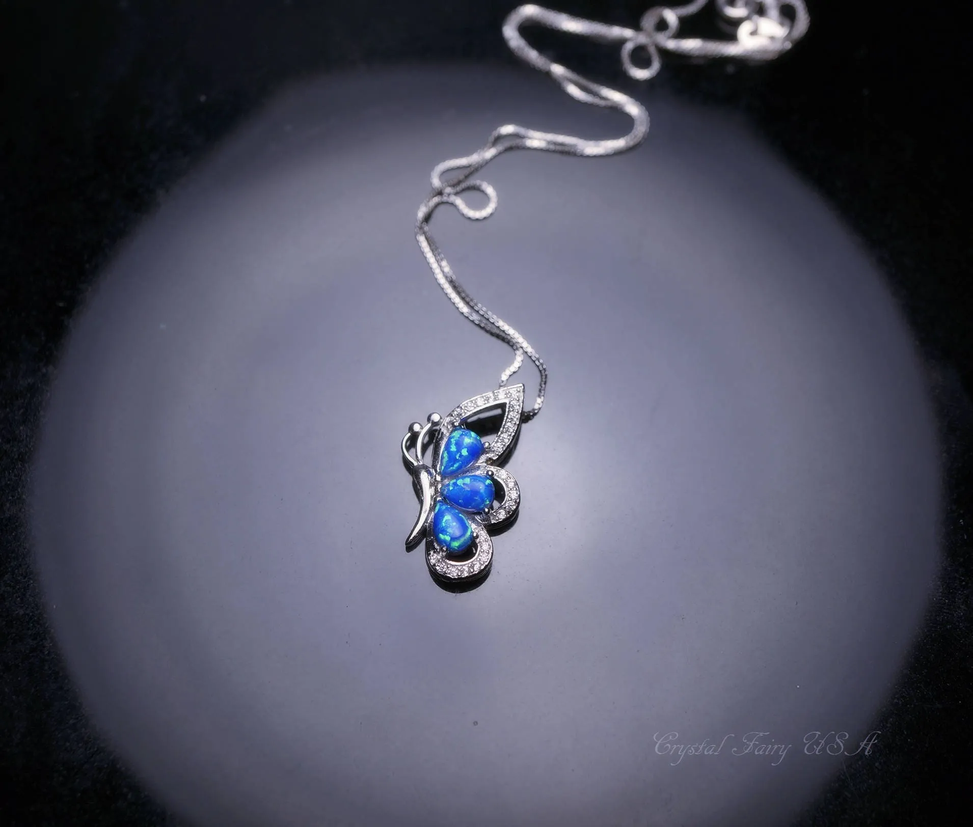 Blue Opal Necklace -  Diamond Butterfly Pendant -18kgp @ Sterling Silver -  Blue Opal Jewelry